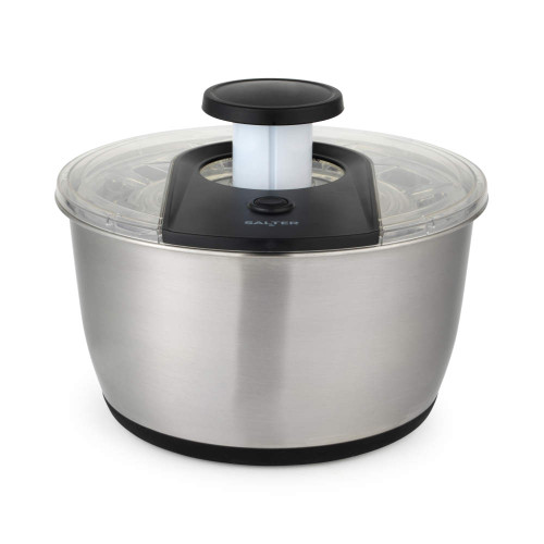 Stainless steel salad spinner with black and clear lid, shown on white background