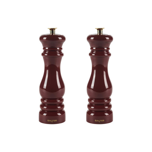 Set of two tall, dark red wooden salt and pepper mills with brass tops