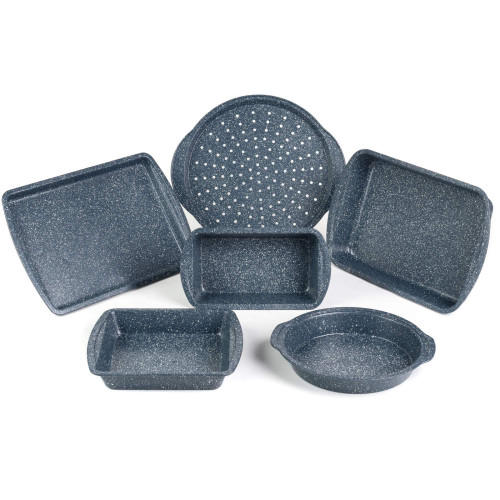 Set of six speckled blue non-stick bakeware trays in assorted shapes and sizes