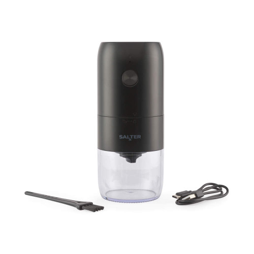 Black cordless electric coffee grinder with clear container, cleaning brush and USB charging cable.