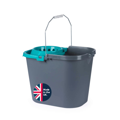Grey mop bucket with turquoise wringer and UK flag label stating Made in the UK