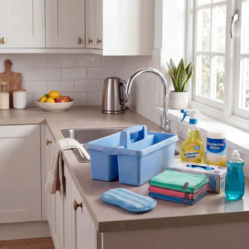Kitchen cleaning kit with blue caddy, cleaning sprays, wipes, cloths and washing-up liquid