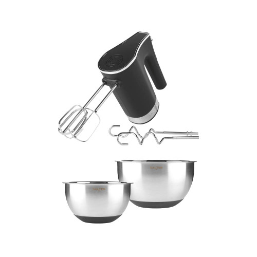 Black hand mixer with beaters, dough hooks and two stainless steel mixing bowls.