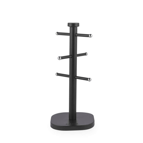 Black metal mug tree holder with chrome accents, for kitchen countertop storage.