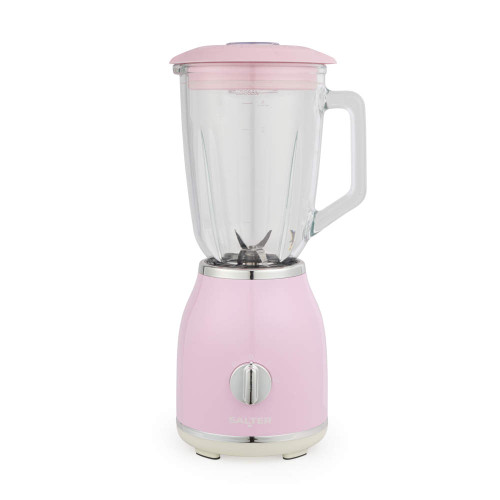 Pink Salter countertop blender with glass jug, shown upright for product listing.