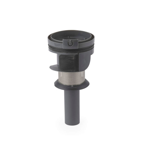 Dishwasher filter replacement part shown upright with visible mesh and black plastic casing.