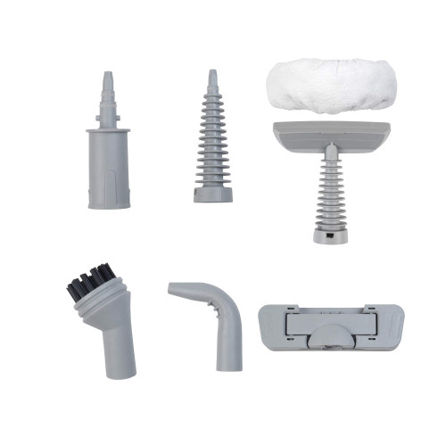 Grey steam cleaner accessory set, six pieces including brushes and nozzles, on white background