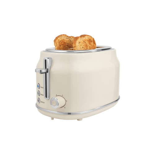 Cream two-slice toaster with Salter logo, showing toasted bread, front view.