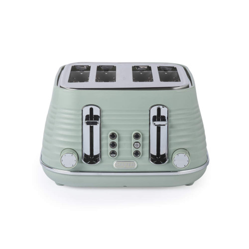 Sage green four-slice toaster, front view