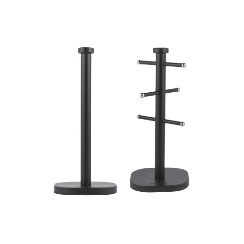 Black kitchen roll holder and matching mug tree, both with a matte finish.