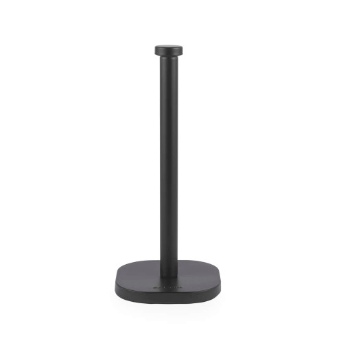 Black metal kitchen roll holder on white background