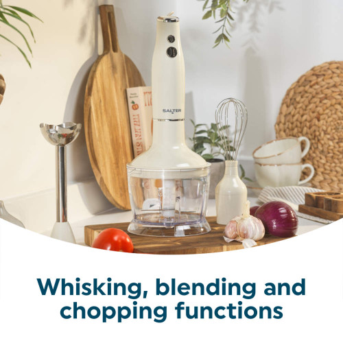 Cream hand blender with chopper bowl and whisk, showing whisking, blending and chopping