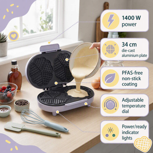 Open purple heart waffle maker with batter and key features highlighted