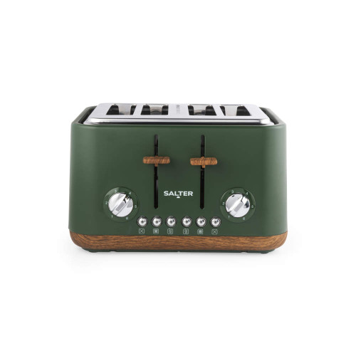 Green four-slice toaster with wood-effect base, front view