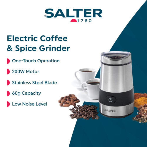Salter electric coffee and spice grinder, stainless steel, with whole beans and cups of coffee.