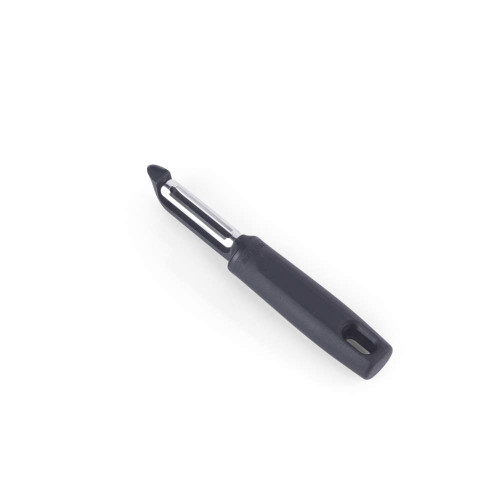 Black-handled Y-shaped vegetable peeler with stainless steel blade on white background