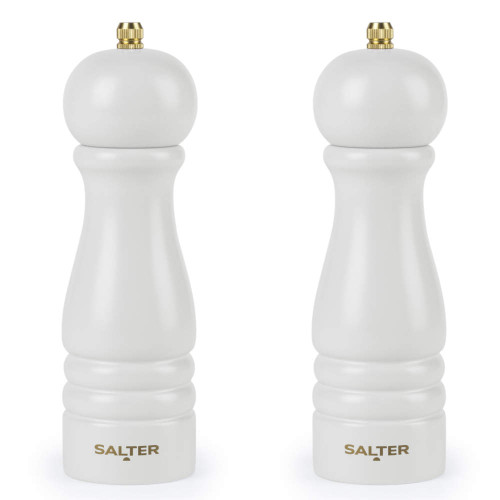 Set of two white Salter mills with gold tops, suitable for salt and pepper.