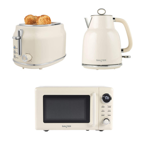 Cream kitchen set with toaster, kettle, and microwave, shown on white background
