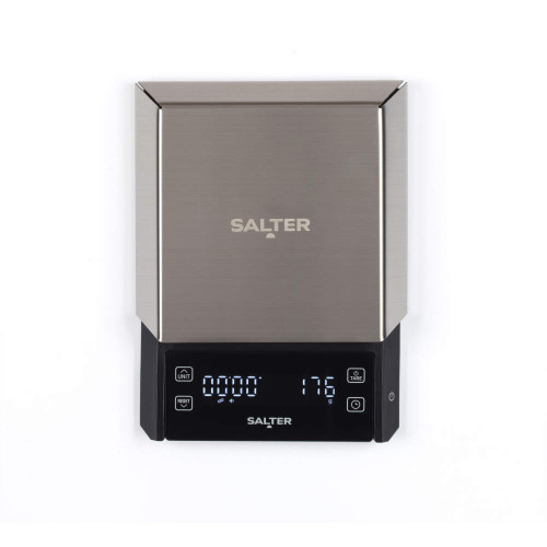 Salter stainless steel digital kitchen scales with backlit display, top view