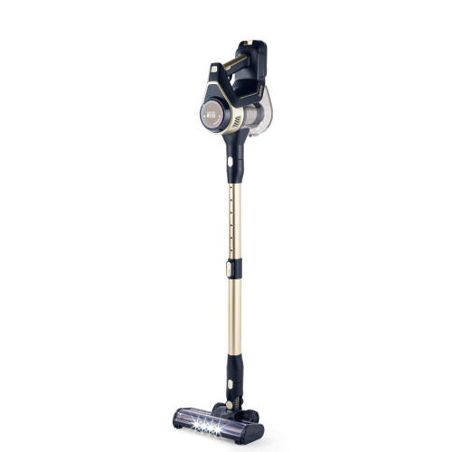 Cordless stick vacuum cleaner in dark blue and gold, upright with LED lights