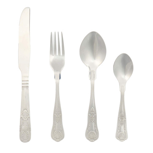 Set of four silver effect cutlery pieces: knife, fork, tablespoon, teaspoon with ornate handles.
