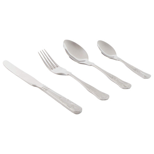 Set of four silver stainless steel cutlery pieces with ornate handles: knife, fork, tablespoon, teaspoon