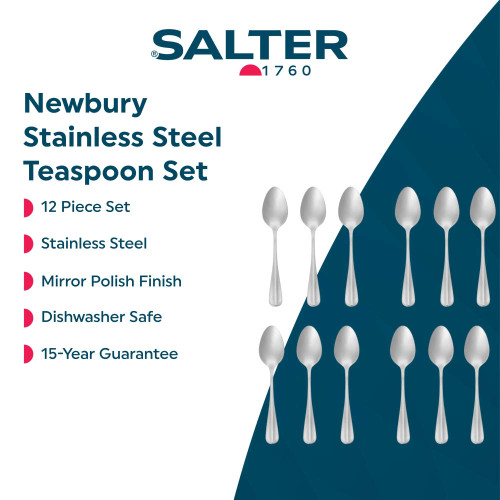 Salter Newbury stainless steel 12 piece teaspoon set with mirror finish, shown arranged in two rows.