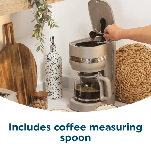 Taupe filter coffee machine with measuring spoon and glass carafe