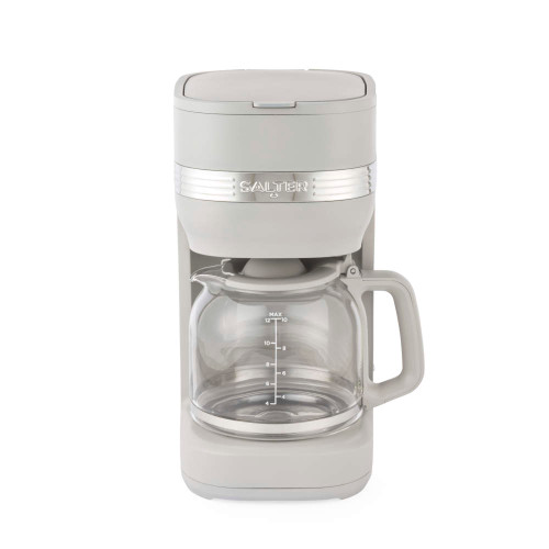Taupe Salter filter coffee maker with glass jug, shown from front.
