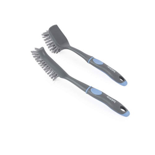 Set of two grey and blue dish brushes with angled bristles for kitchen cleaning