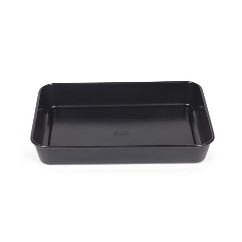 Black non-stick rectangular roasting tin, shown empty from above