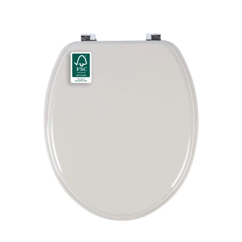 Grey toilet seat with FSC certification label, shown closed with chrome hinges