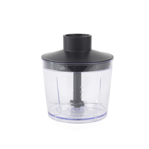 Food chopper attachment with clear bowl and black lid, shown on white background