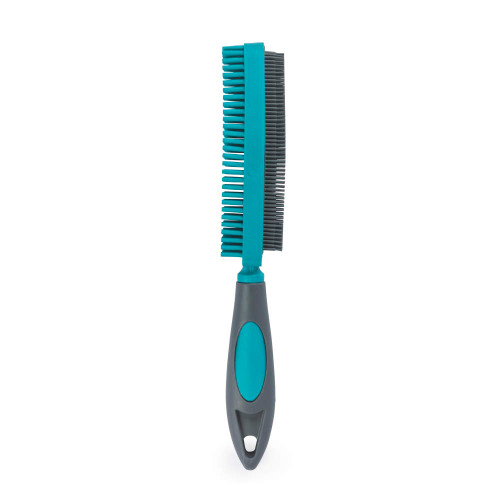 Double-sided blue and grey pet grooming comb with ergonomic handle
