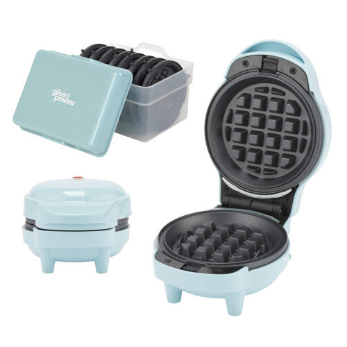 Light blue waffle maker shown closed, open, and with a storage box containing black accessories.