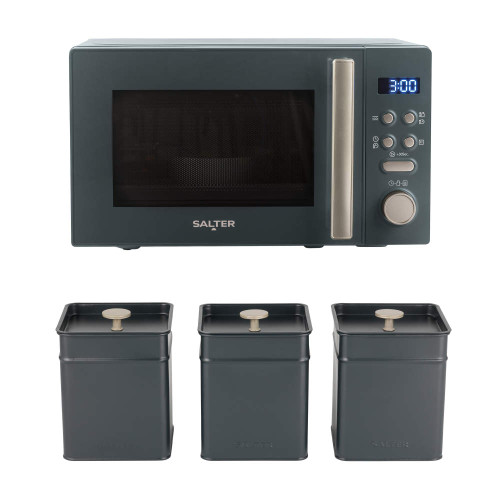 Salter matte dark grey microwave and matching set of three storage canisters, modern style.