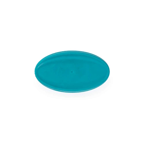 Blue oval plastic dish, shown top-down on white background