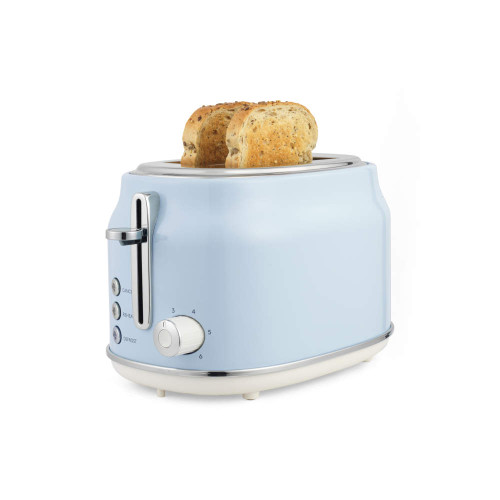 Light blue 2-slice toaster with two slices of bread