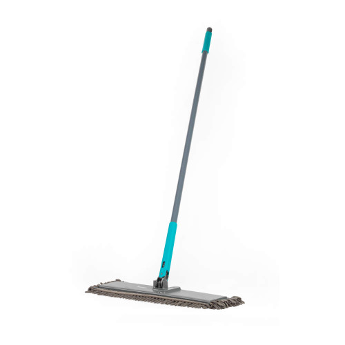 Grey microfibre flat mop with blue handle shown upright on white background