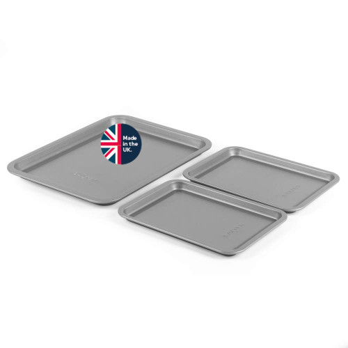 Set of three non-stick grey baking trays, Made in the UK badge visible.
