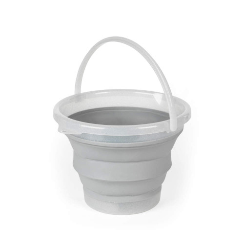 Collapsible grey plastic bucket with handle