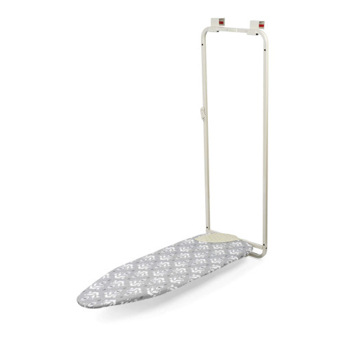Wall-mounted ironing board with grey patterned cover, shown unfolded.