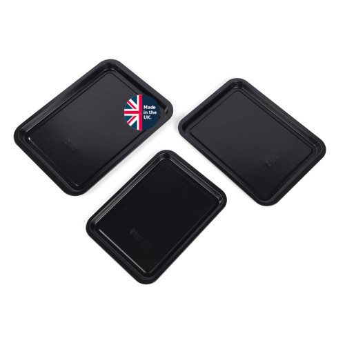 Set of three black non-stick baking trays, rectangular, with Made in the UK badge