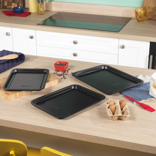 Black rectangular non-stick baking tray shown on white background