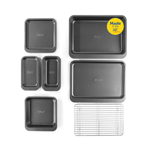 Grey non-stick bakeware set with five tins and cooling rack