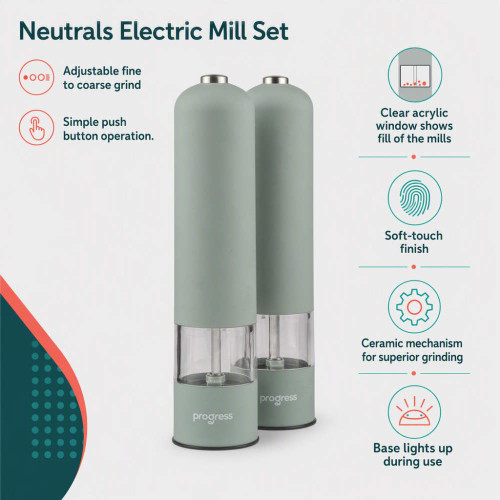 Green electric salt and pepper mill set with clear base window