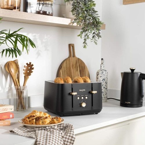 Salter Alchemy Kettle, 4 - Slice Toaster & Canister Set - Black/Gold