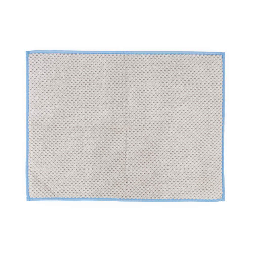 Beige textured cleaning cloth with blue trim, shown flat