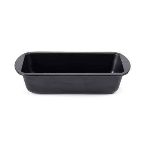 Black non-stick loaf tin seen from above, suitable for baking bread or cakes