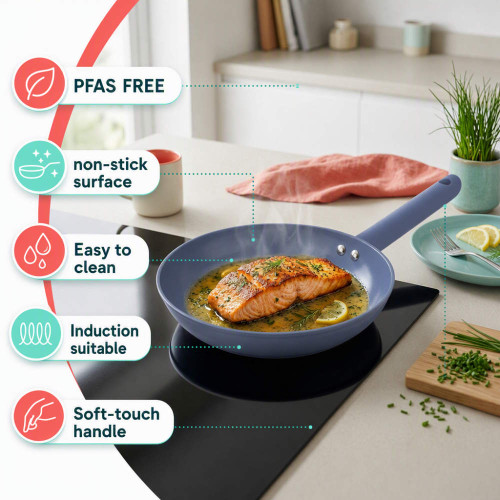 Blue non-stick frying pan cooking salmon, with PFAS-free and induction-suitable features